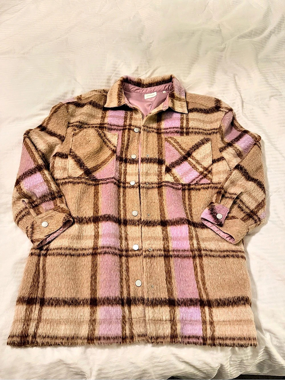 7DIAMONDS Plaid Teddy Jacket in Brown & Pink Size Large Like New